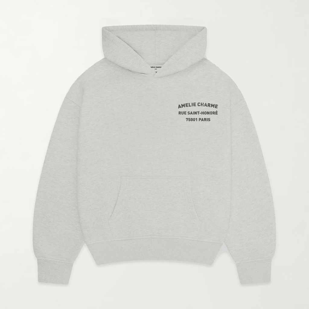 Grey graphic pullover hoodie with hood and back text print