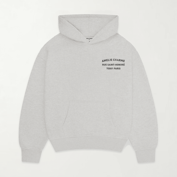 Grey graphic pullover hoodie with hood and back text print