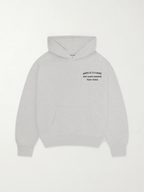Grey graphic pullover hoodie with hood and back text print