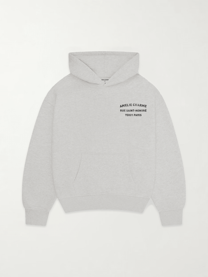 Grey graphic pullover hoodie with hood and back text print