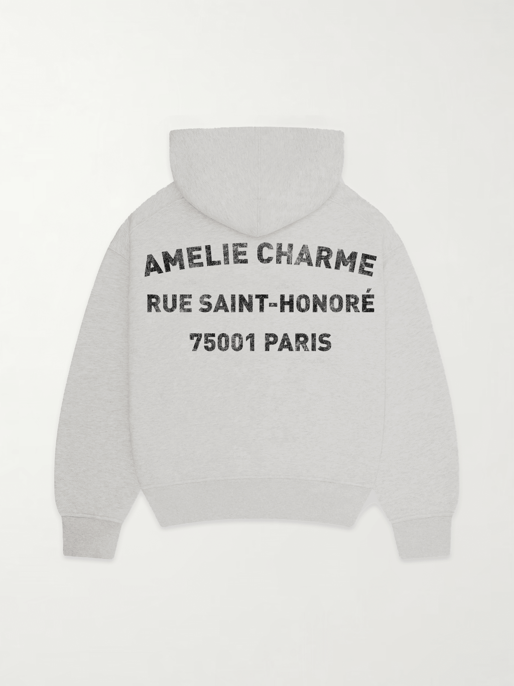 Grey graphic pullover hoodie with hood and back text print