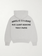Grey graphic pullover hoodie with hood and back text print