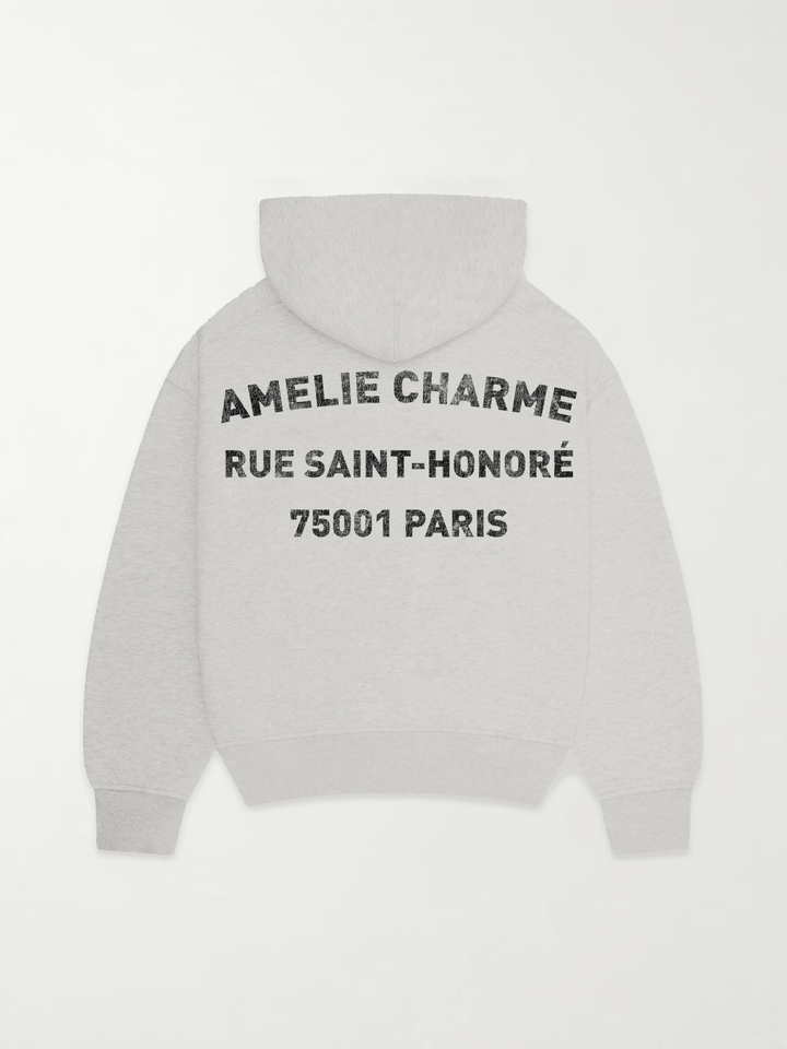 Grey graphic pullover hoodie with hood and back text print