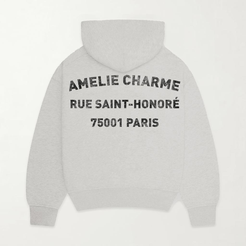 Grey graphic pullover hoodie with hood and back text print