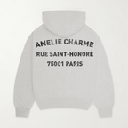 Grey graphic pullover hoodie with hood and back text print