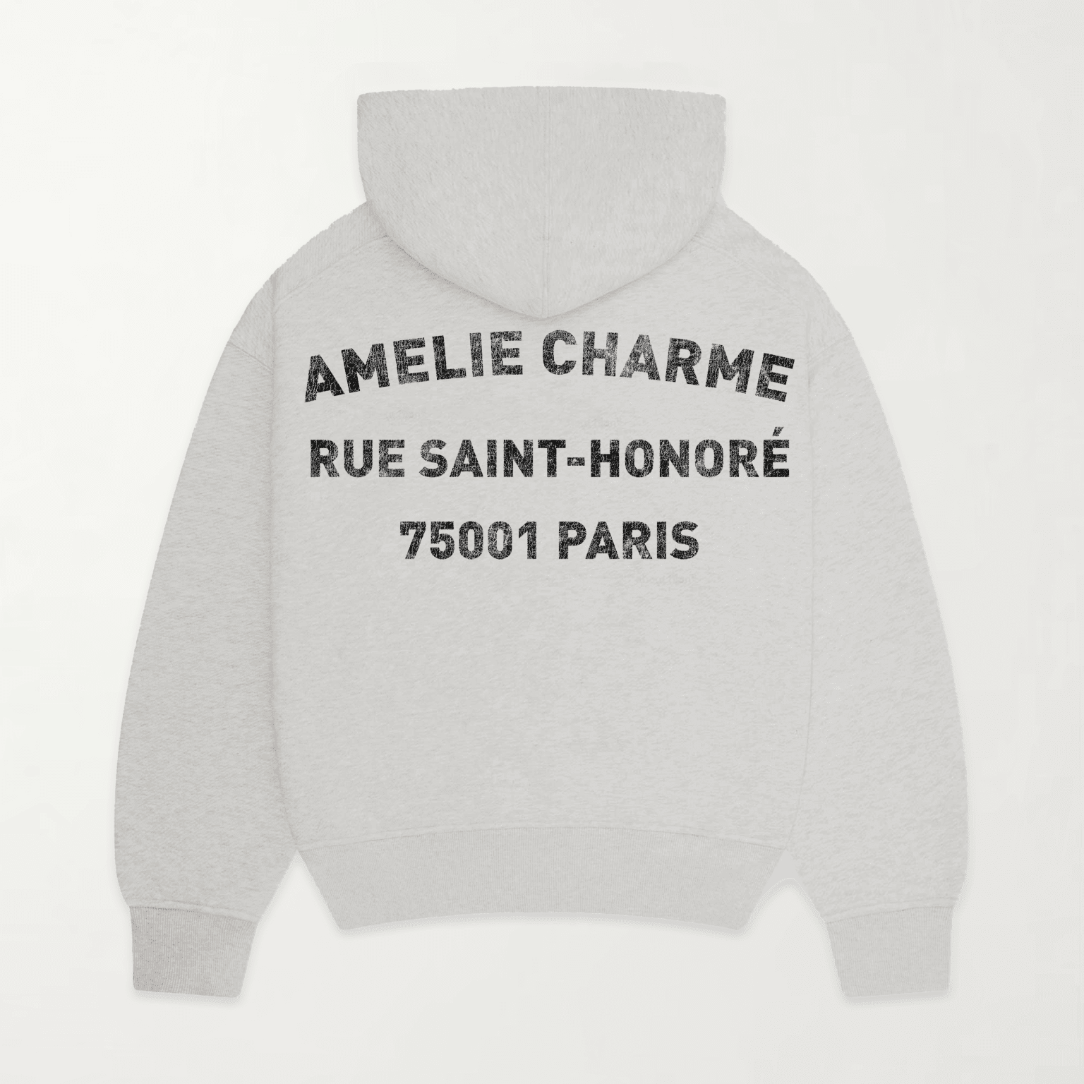 Grey graphic pullover hoodie with hood and back text print