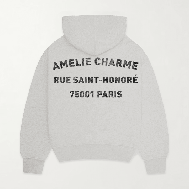Grey graphic pullover hoodie with hood and back text print