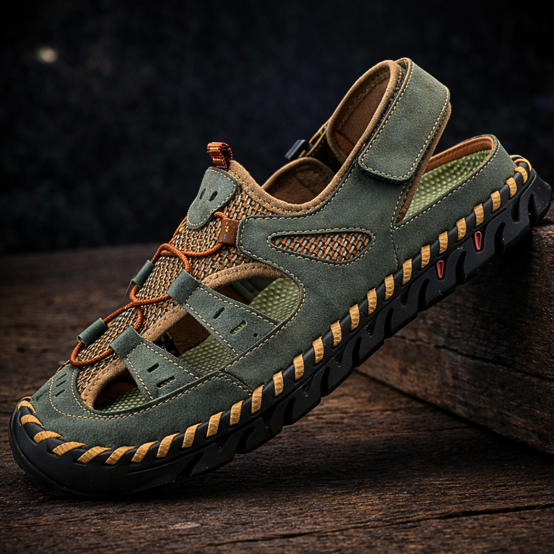 Men's outdoor walking sandal with velcro straps and mesh panels in black and green