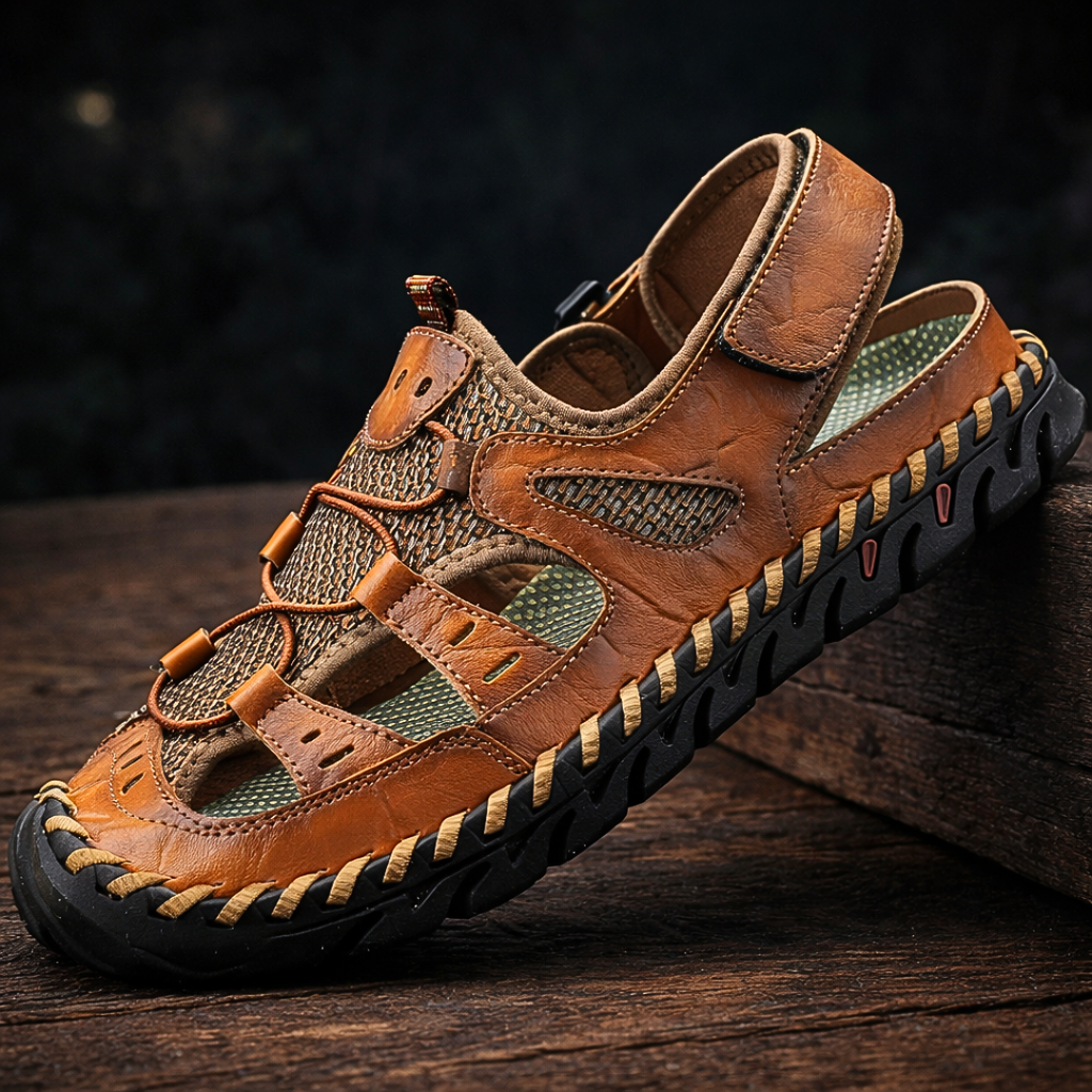 Men's outdoor walking sandal with velcro straps and mesh panels in black and green