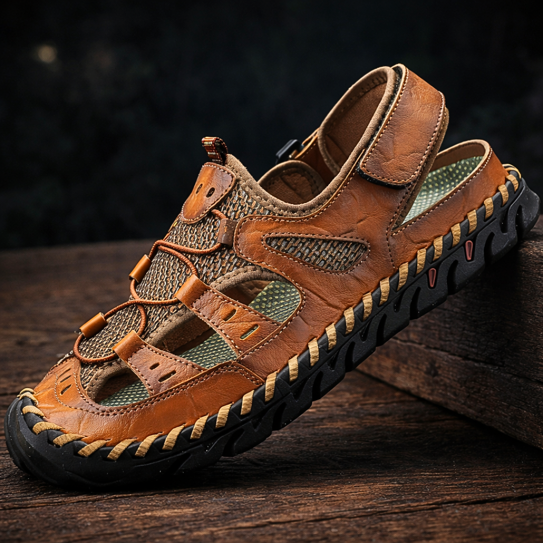 Men's outdoor walking sandal with velcro straps and mesh panels in black and green