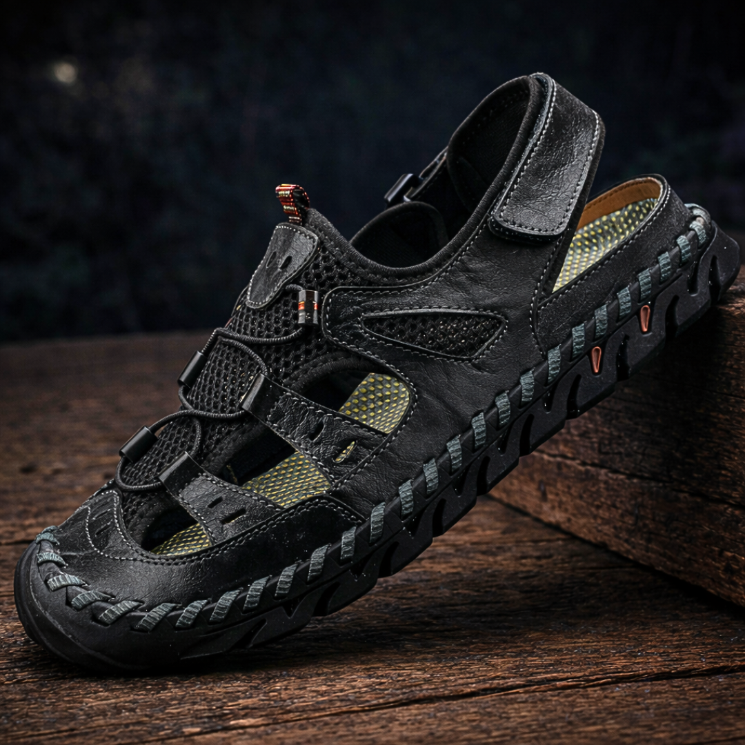 Men's outdoor walking sandal with velcro straps and mesh panels in black and green