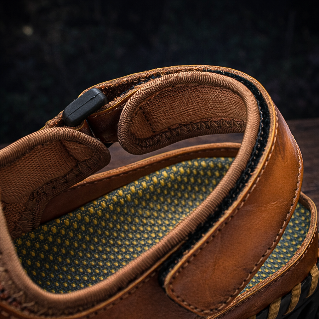 Men's outdoor walking sandal with velcro straps and mesh panels in black and green