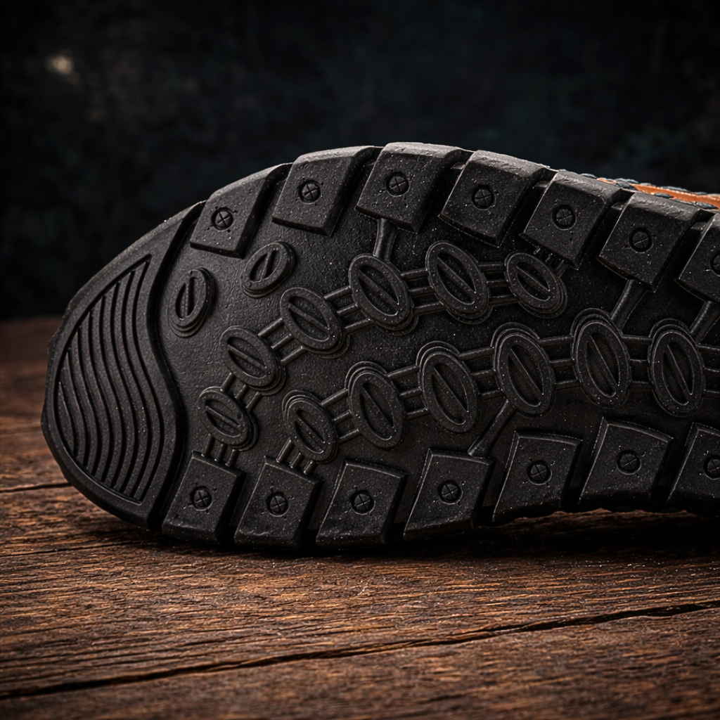 Men's outdoor walking sandal with velcro straps and mesh panels in black and green