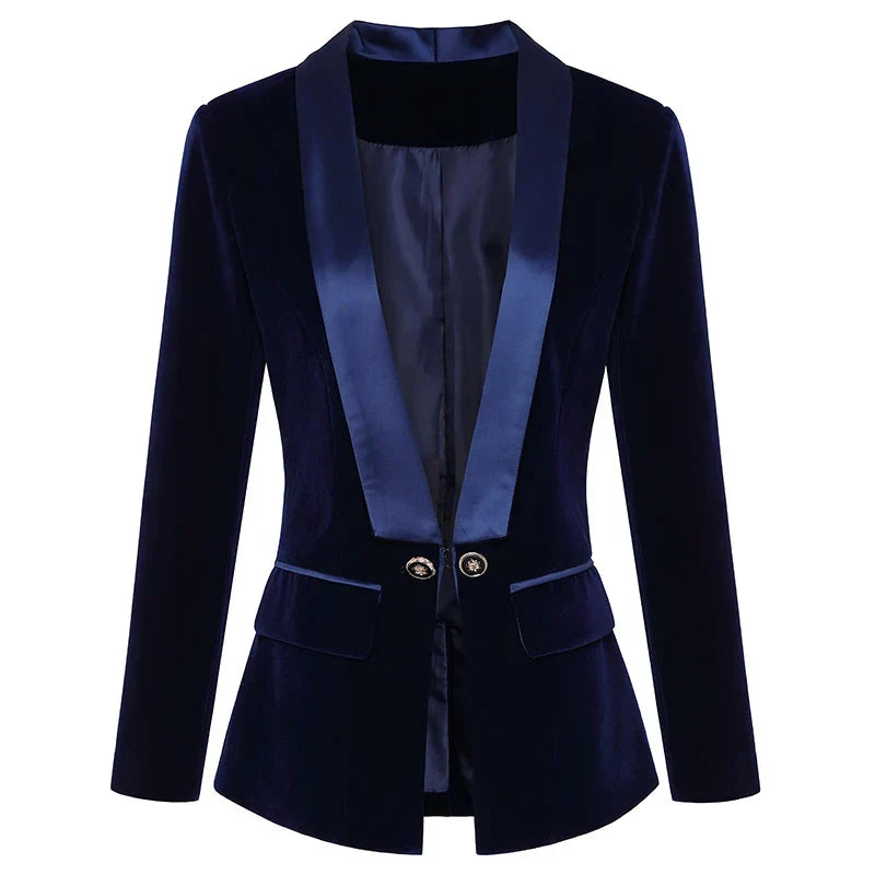 Women's textured blazer with contrast shawl lapels, long sleeves, buttons and flap pockets