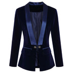 Women's textured blazer with contrast shawl lapels, long sleeves, buttons and flap pockets