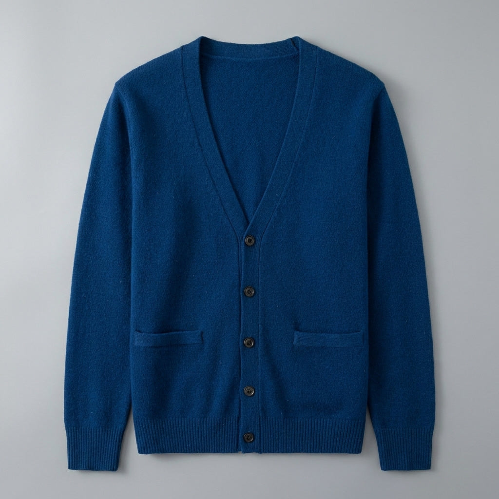 Men's plain V-neck cardigan with buttons, long sleeves and patch pockets