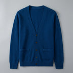 Men's plain V-neck cardigan with buttons, long sleeves and patch pockets