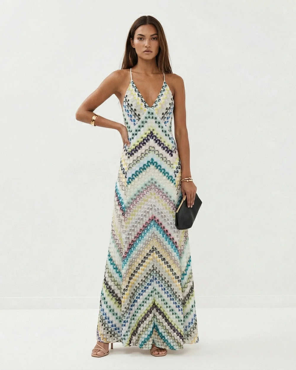 Women's multicoloured striped knit maxi dress with V-neckline and spaghetti straps