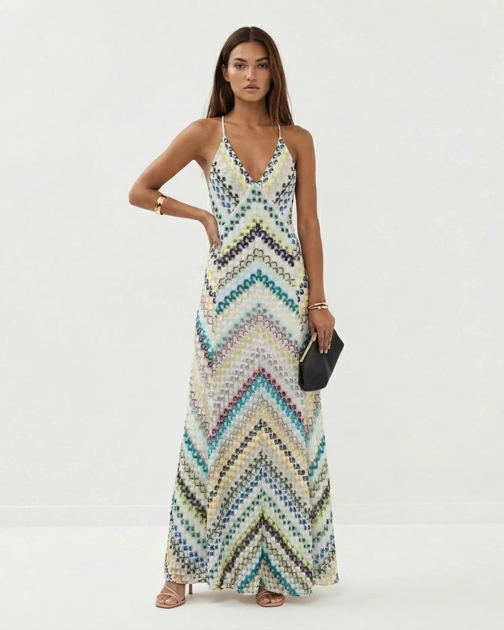 Women's multicoloured striped knit maxi dress with V-neckline and spaghetti straps