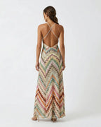 Women's multicoloured striped knit maxi dress with V-neckline and spaghetti straps