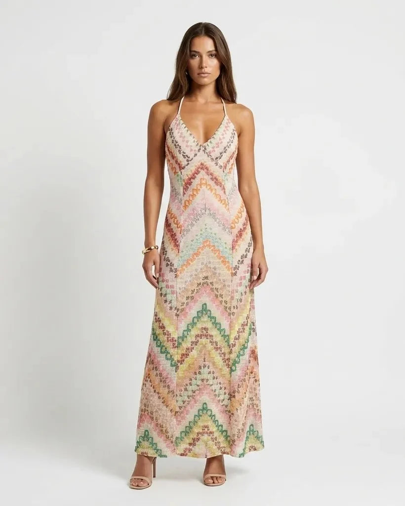 Women's multicoloured striped knit maxi dress with V-neckline and spaghetti straps