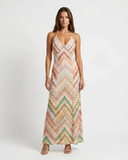 Women's multicoloured striped knit maxi dress with V-neckline and spaghetti straps