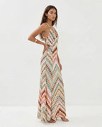 Women's multicoloured striped knit maxi dress with V-neckline and spaghetti straps