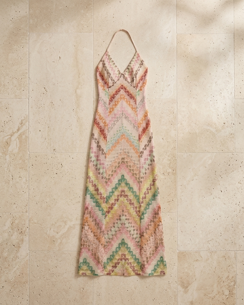 Women's multicoloured striped knit maxi dress with V-neckline and spaghetti straps