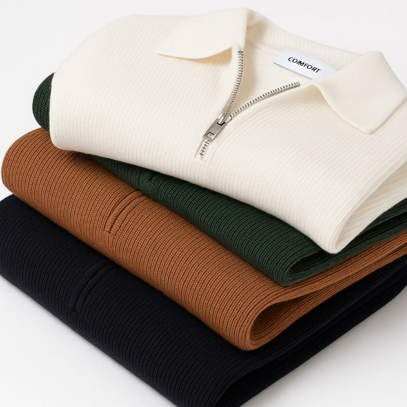 Men's knitted polo sweater with long sleeves and quarter zip