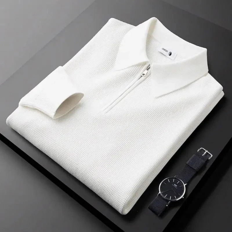 Men's knitted polo sweater with long sleeves and quarter zip