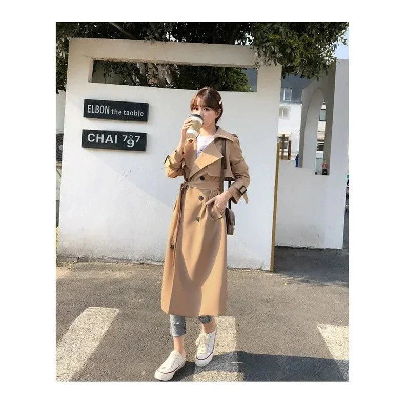 Women's long double breasted belted trench coat
