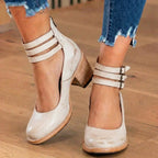 Women's ankle strap shoes with double buckles and a high block heel