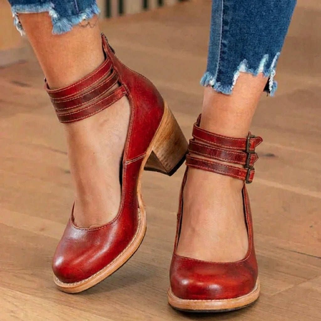 Women's ankle strap shoes with double buckles and a high block heel