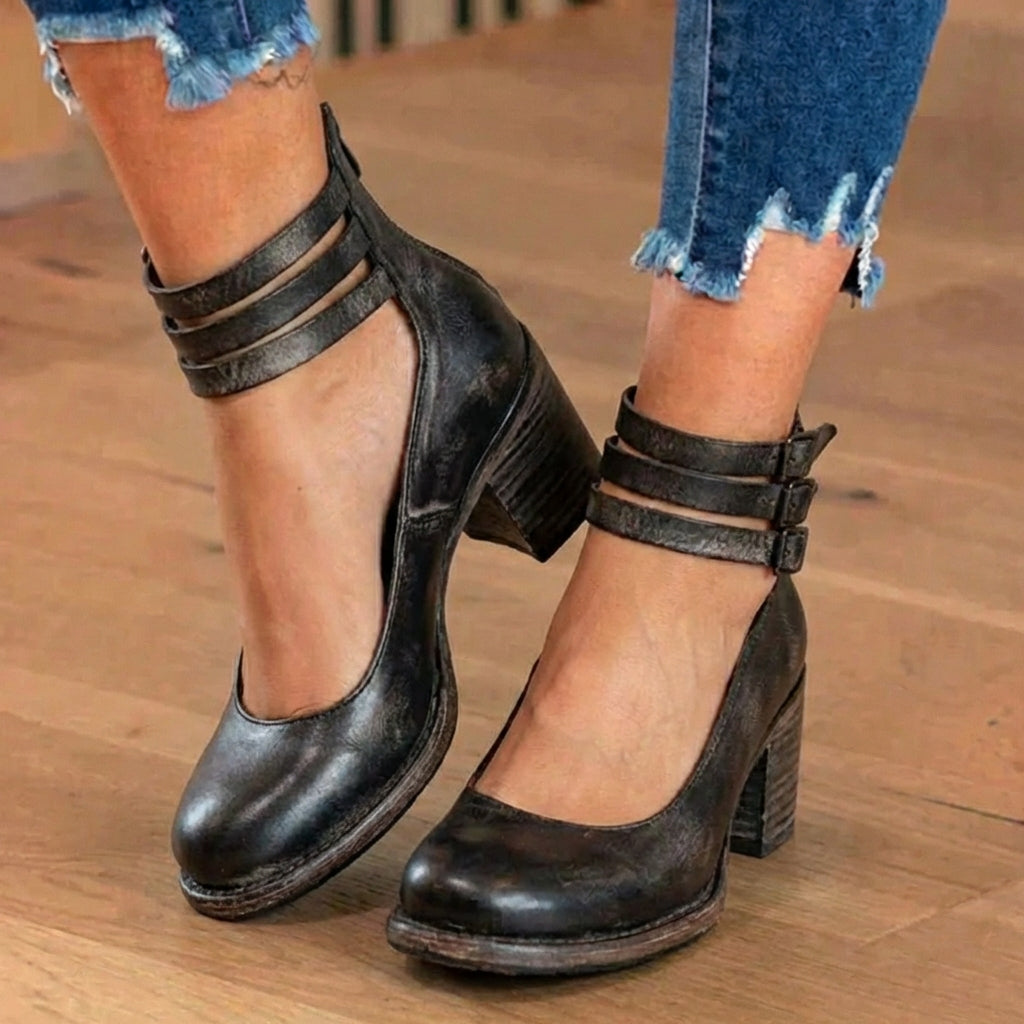 Women's ankle strap shoes with double buckles and a high block heel