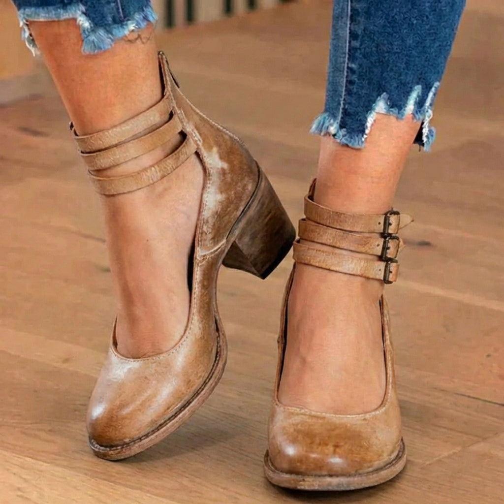 Women's ankle strap shoes with double buckles and a high block heel