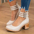 Women's ankle strap shoes with double buckles and a high block heel
