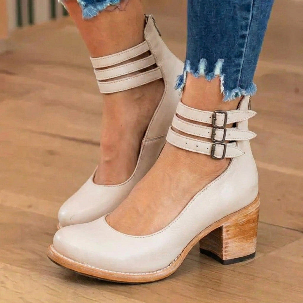 Women's ankle strap shoes with double buckles and a high block heel