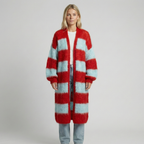 Women's long striped open-front cardigan with textured knit finish