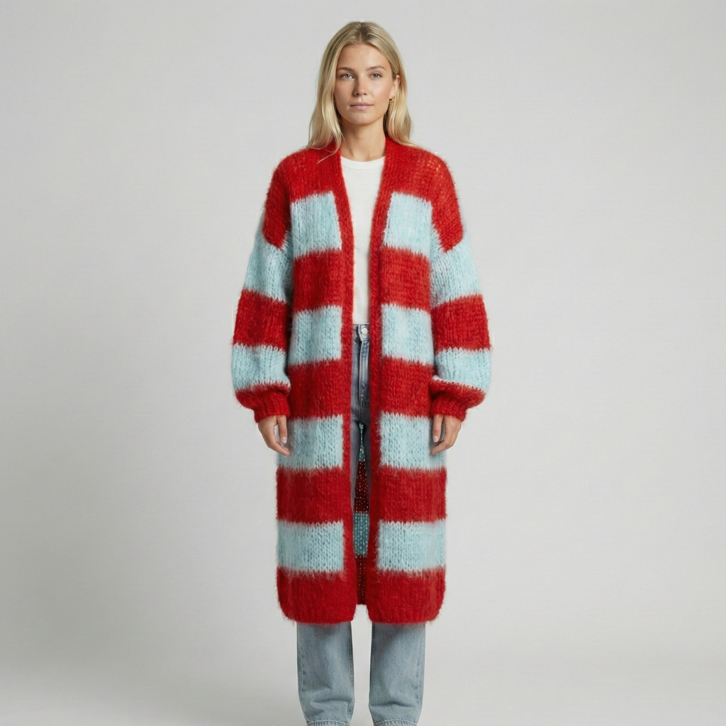 Women's long striped open-front cardigan with textured knit finish