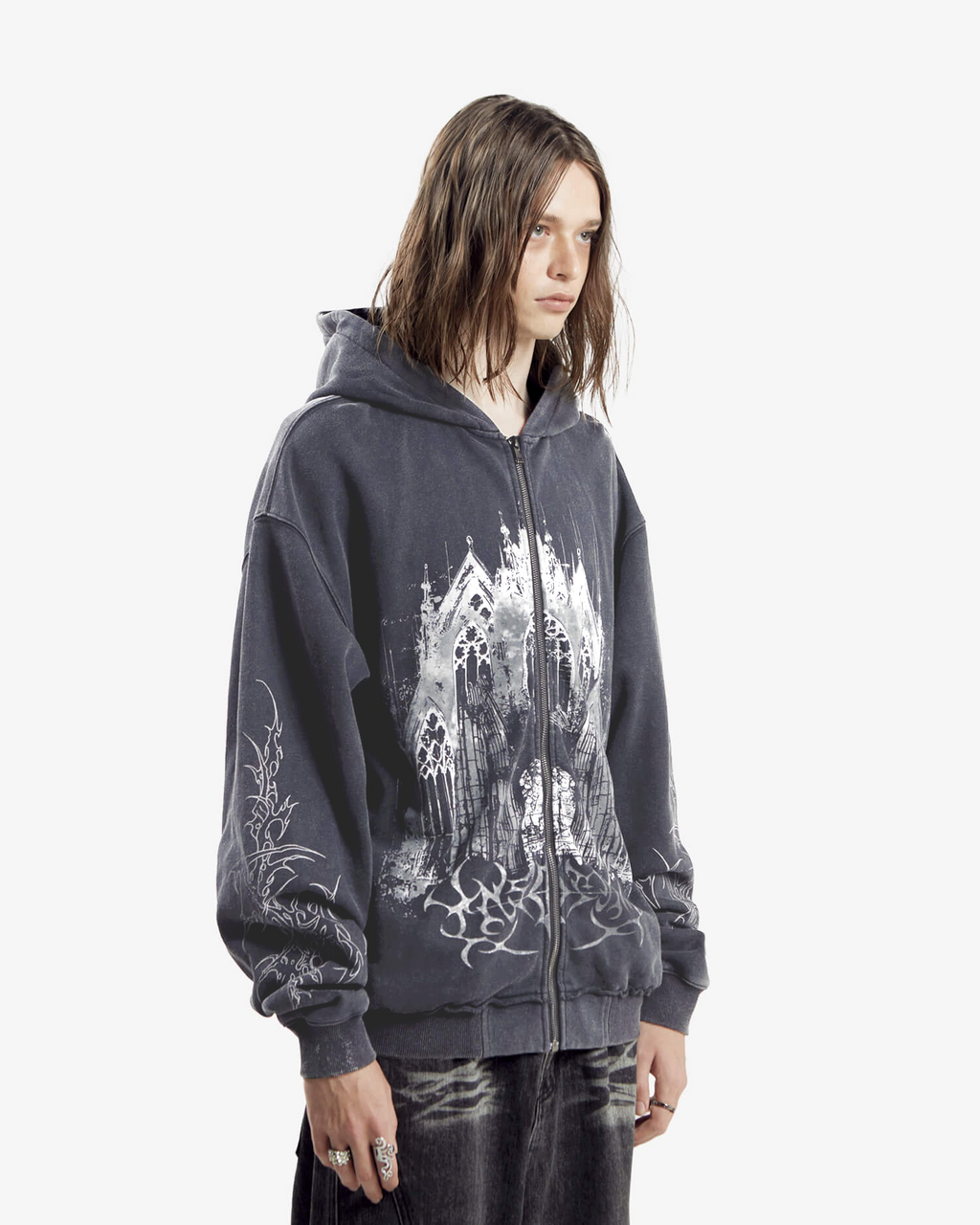 Black zip hoodie with cathedral graphic and hood