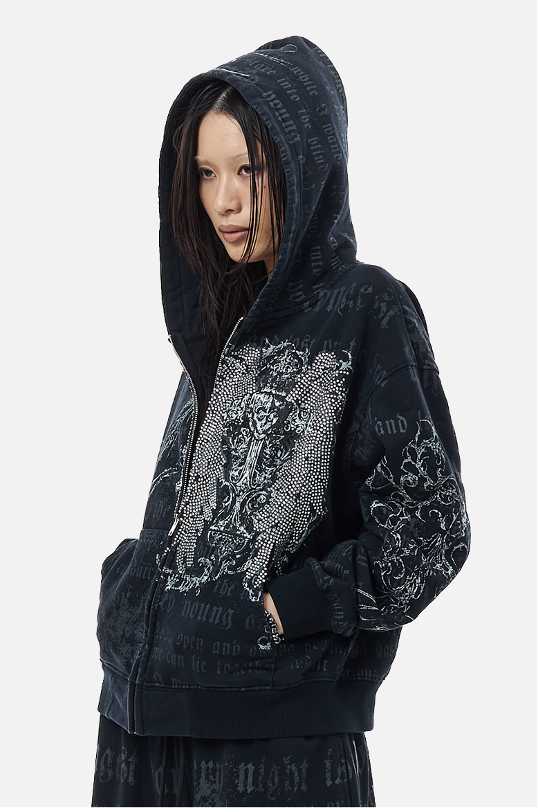 Men's black hooded zip hoodie with text and ornamental graphics