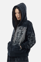 Men's black hooded zip hoodie with text and ornamental graphics