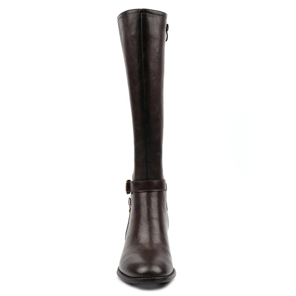 Women's dark brown knee-high boots with buckle strap and mid block heel