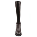 Women's dark brown knee-high boots with buckle strap and mid block heel