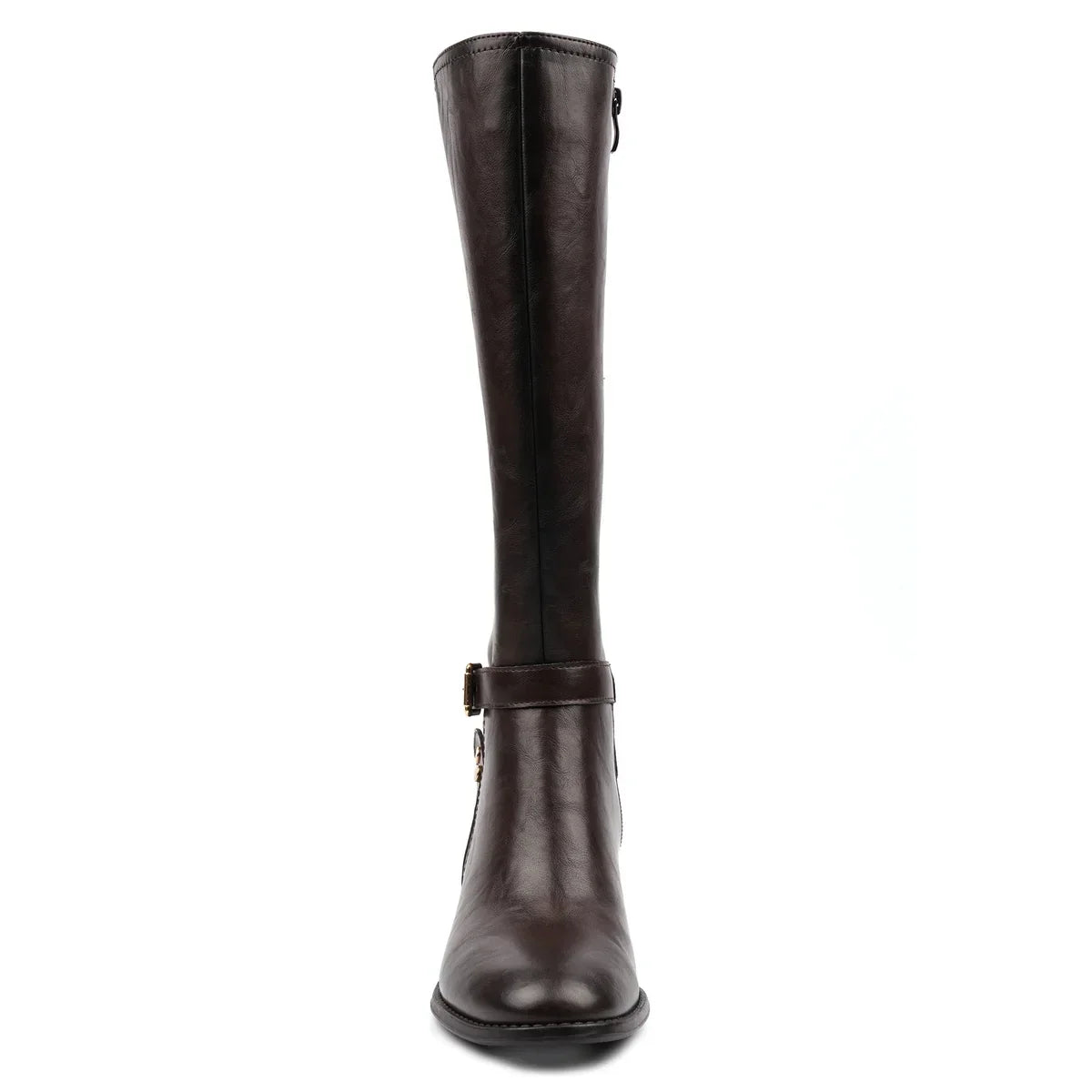 Women's dark brown knee-high boots with buckle strap and mid block heel