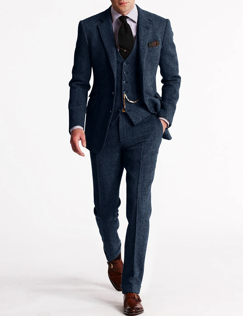 Men's tailored herringbone three-piece suit with jacket, waistcoat and trousers
