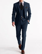 Men's tailored herringbone three-piece suit with jacket, waistcoat and trousers