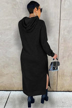 Women's long-sleeve hooded midi dress with side slit hem
