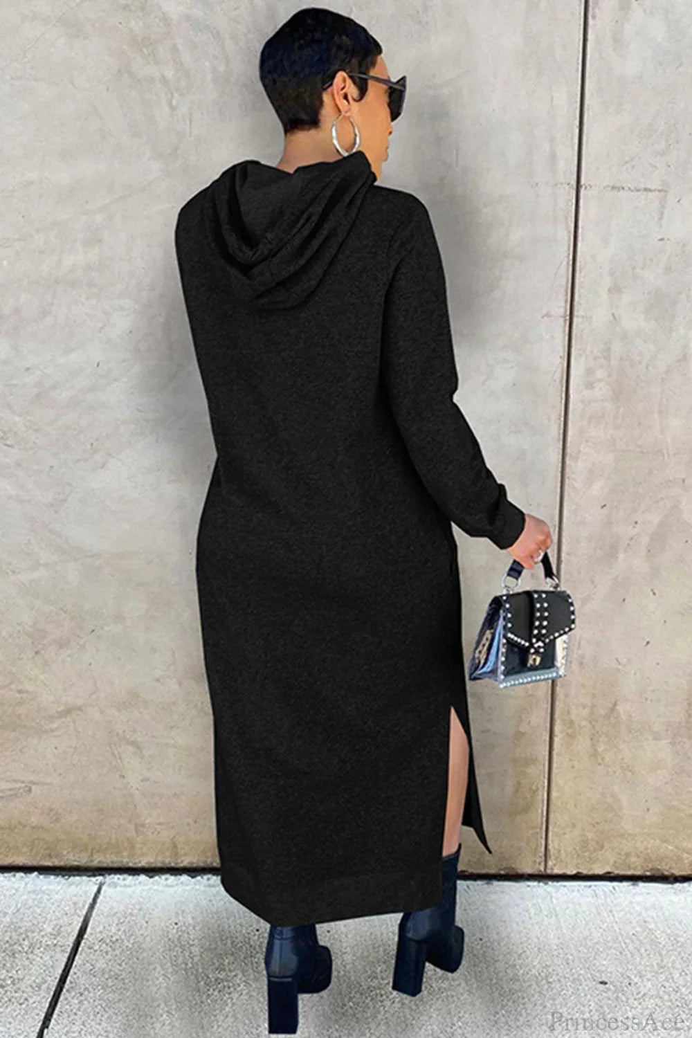 Women's long-sleeve hooded midi dress with side slit hem