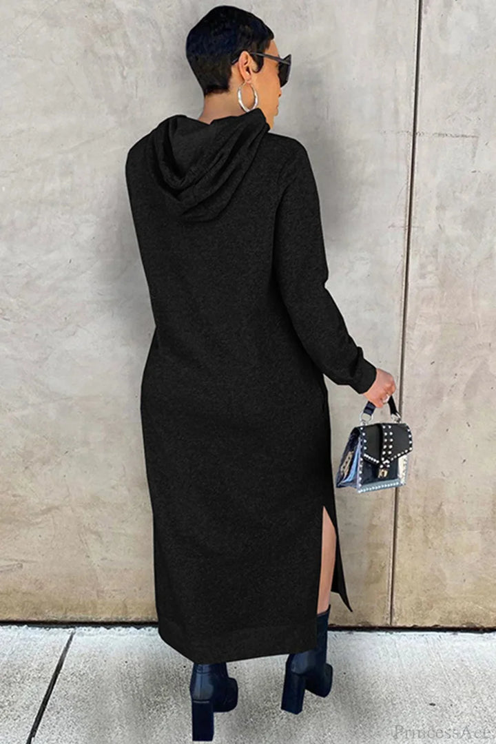 Women's long-sleeve hooded midi dress with side slit hem